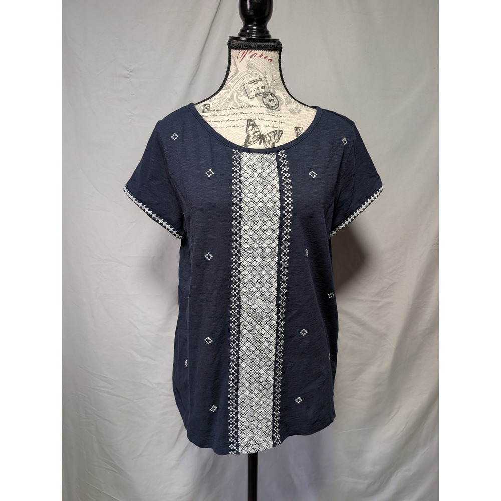 Talbots Navy Blue Embroidered Shirt Boho Cotton Blouse Top Women's Medium
